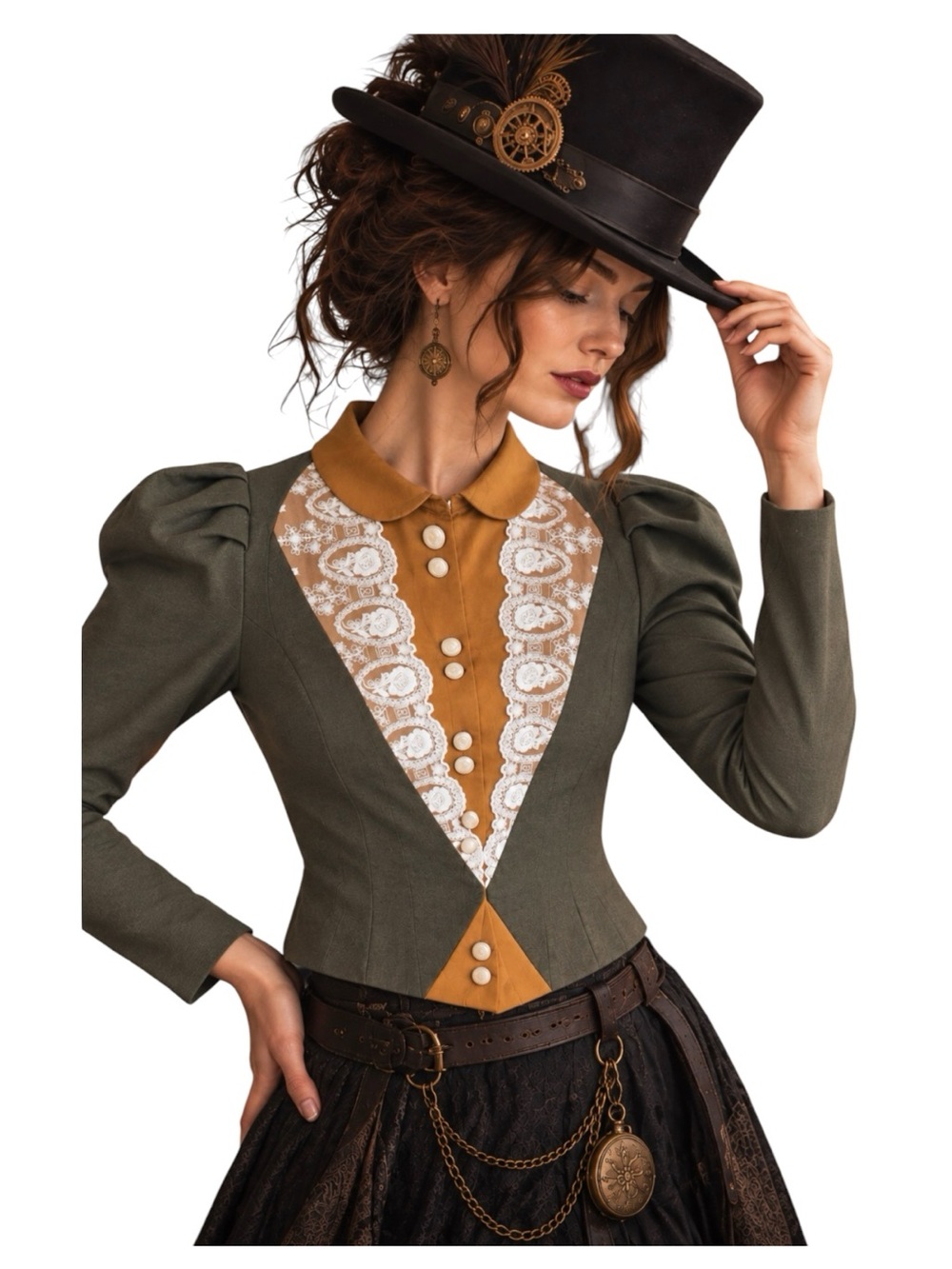 Victorian Choice Edwardian Jacket Size Medium Lace Trim Puff Shoulders Green